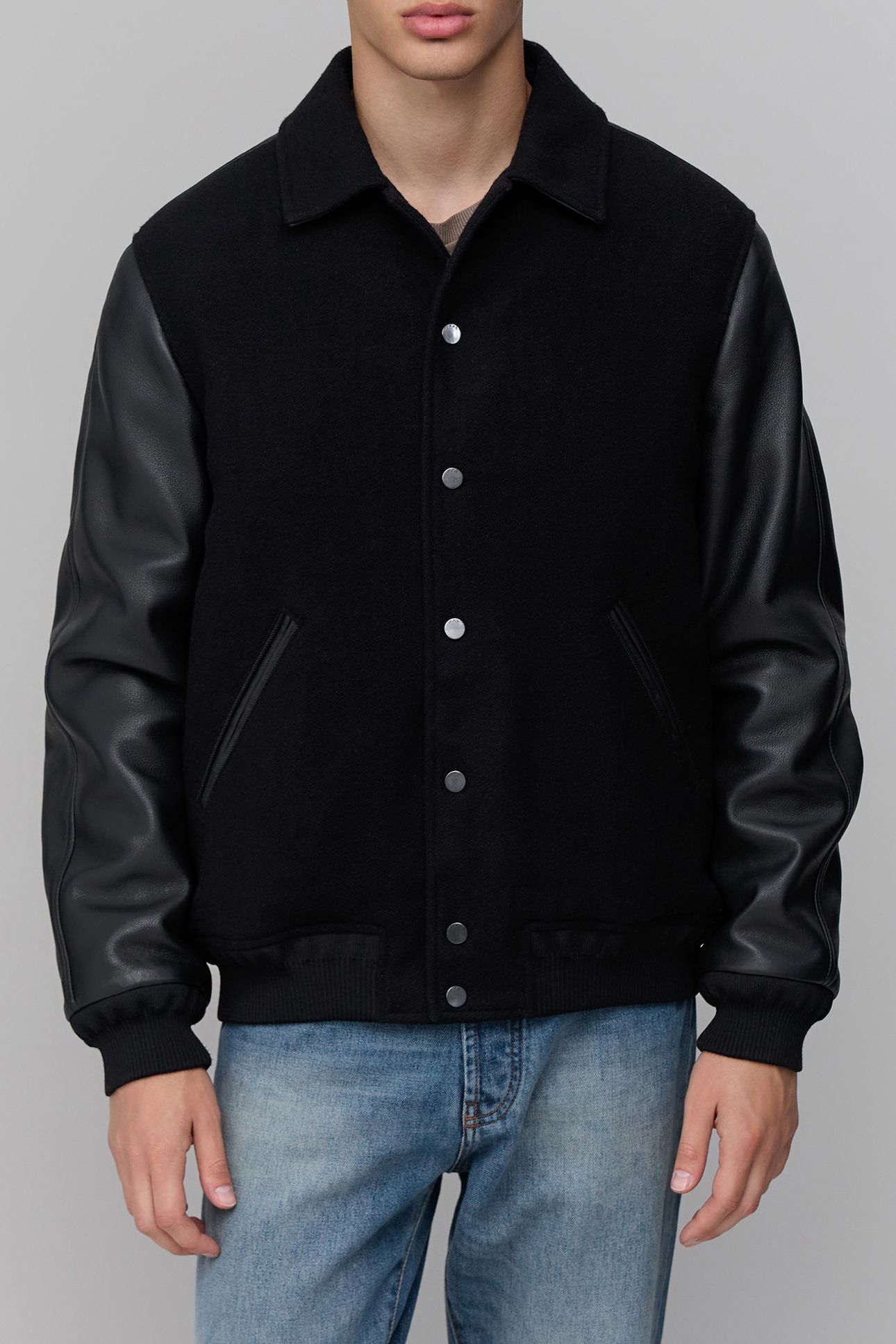 BLACK MIXED CHROME-FREE LEATHER VARSITY JACKET BLACK 5