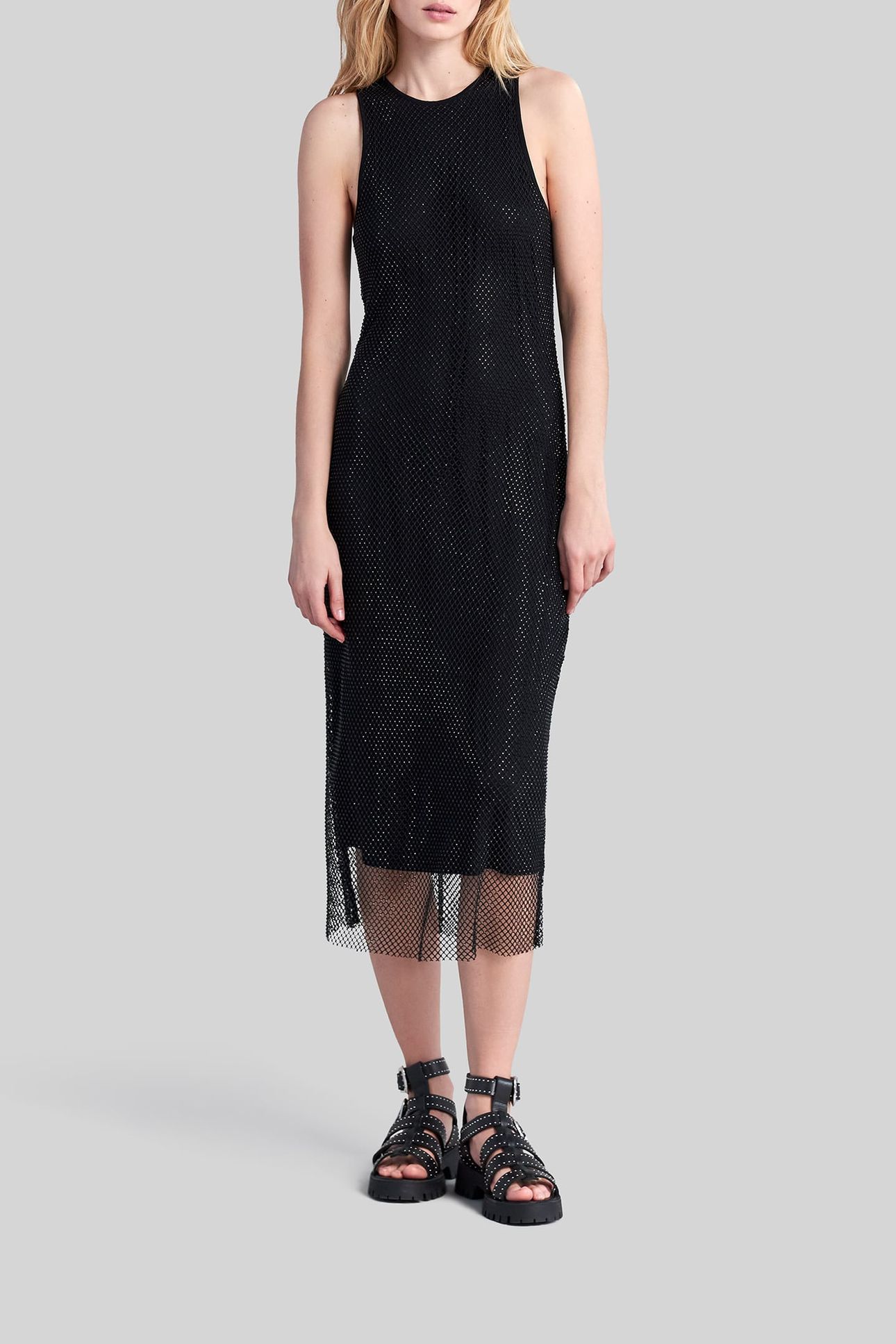 BLACK VOILE LINED MIDI DRESS WITH DIAMANTÉ MESH BLACK 1