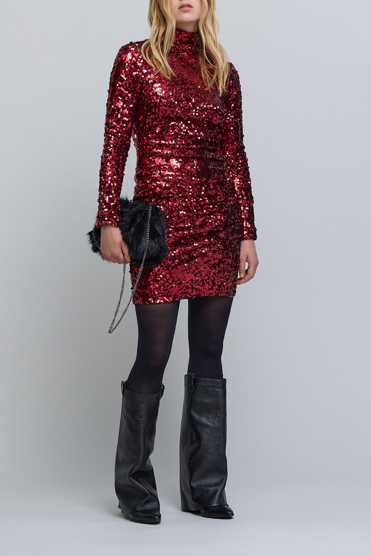 SEQUIN-EMBROIDERED DRAPED-EFFECT VERMILION DRESS FOR WOMEN V 5