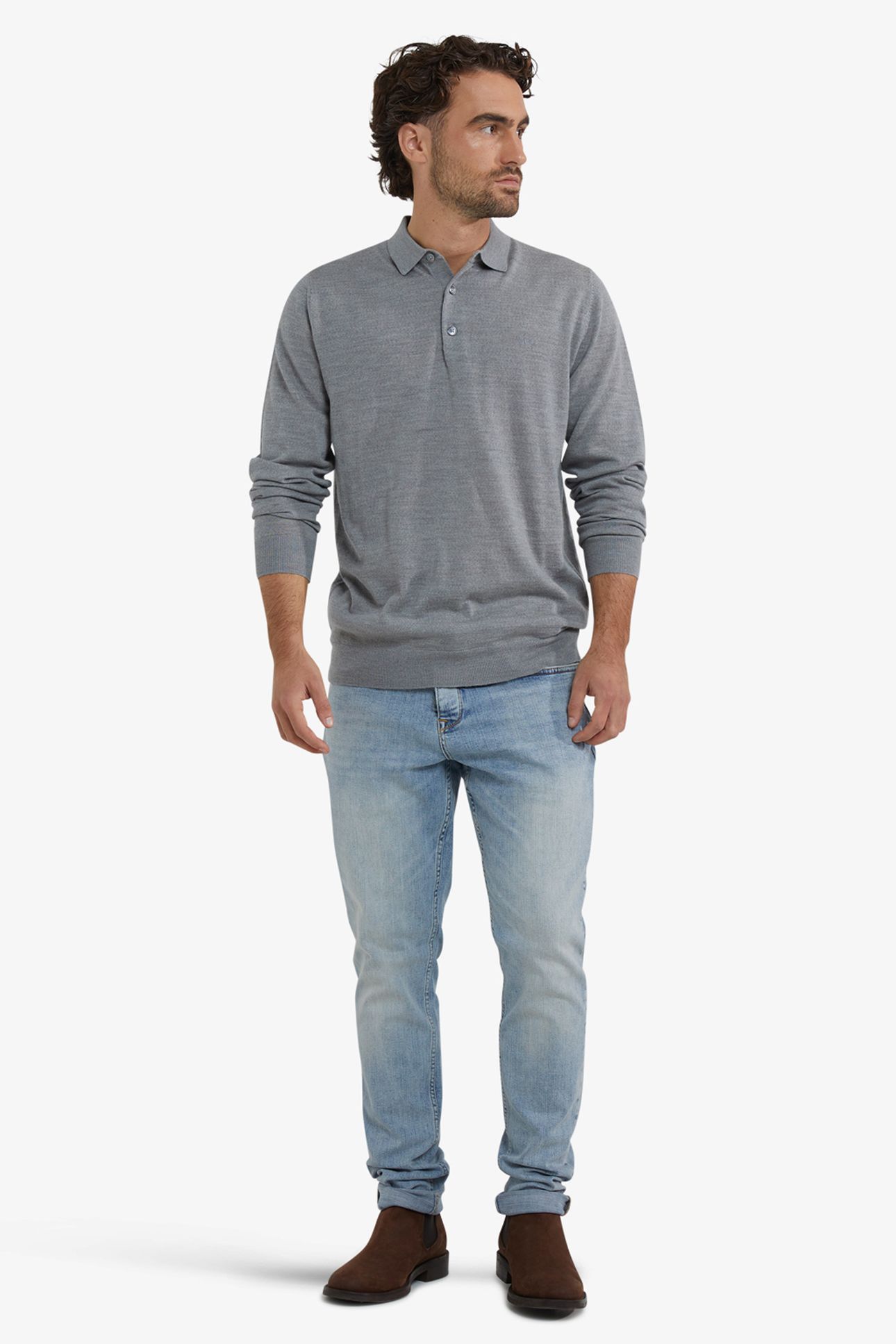 FINE MERINO POLO LONG SLEEVE MEDIUM GREY MELANGE 2