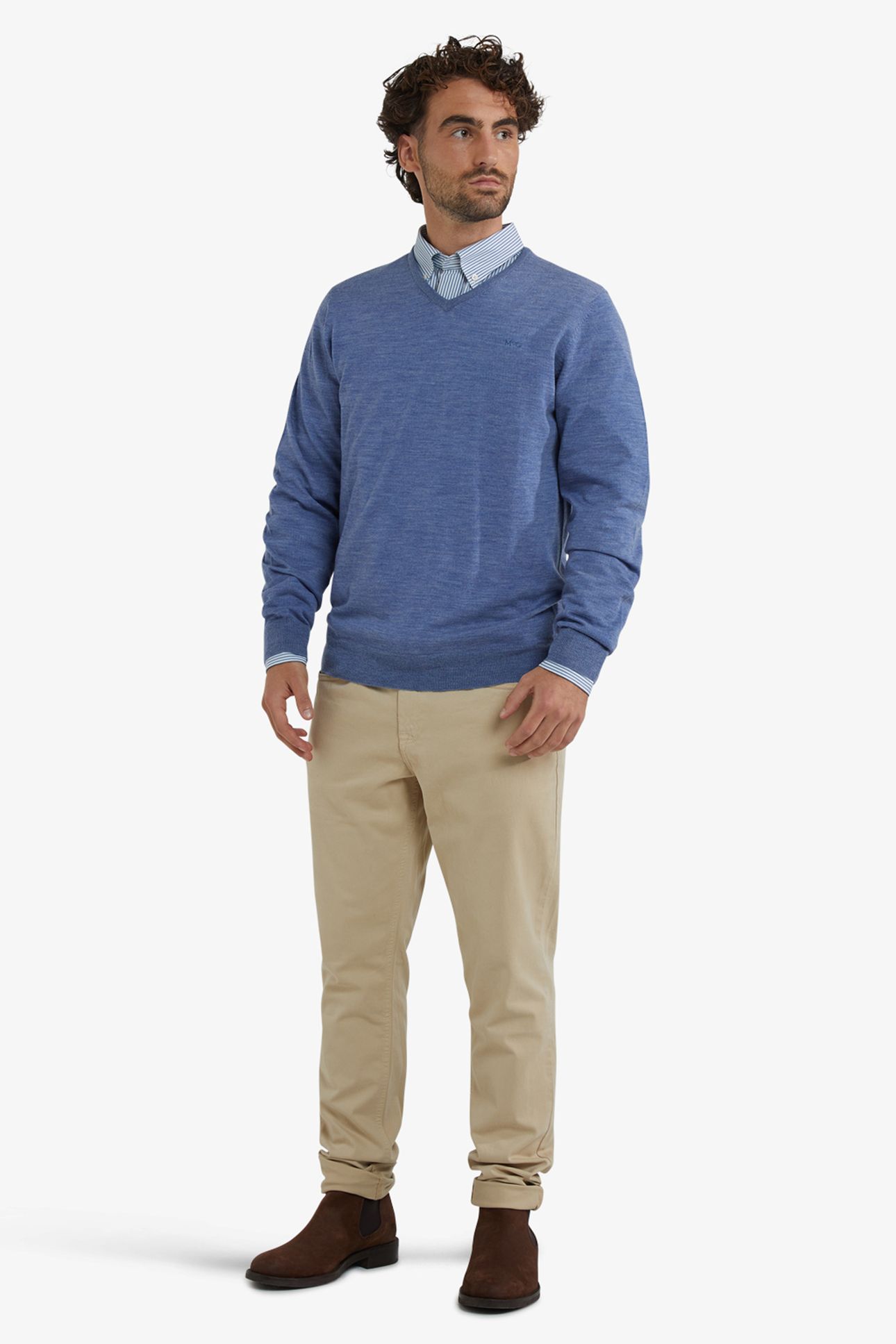 FINE MERINO V-NECK SWEATER VINTAGE BLUE 2