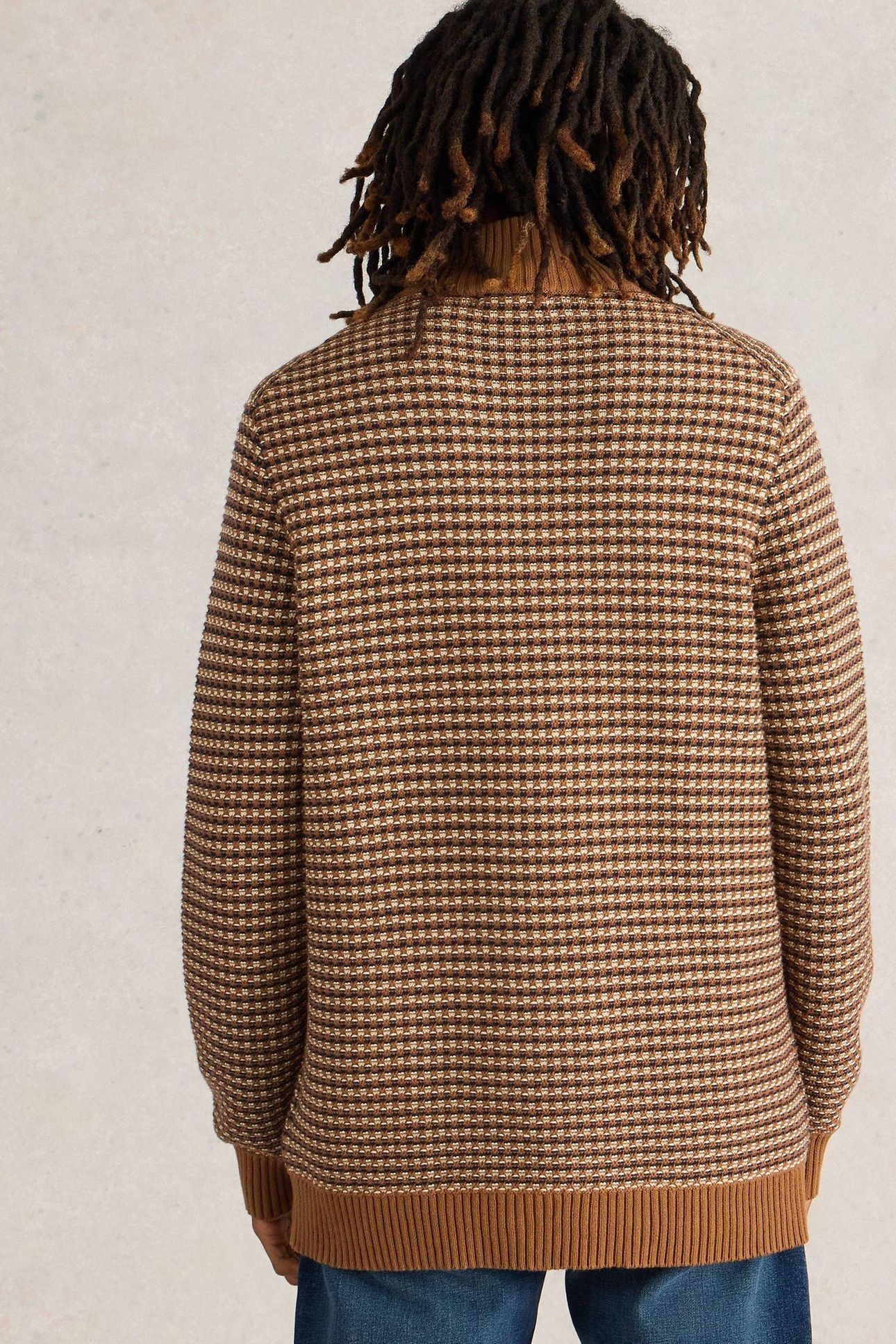 TUCK STITCH FUNNEL NECK TAN MULTI 2