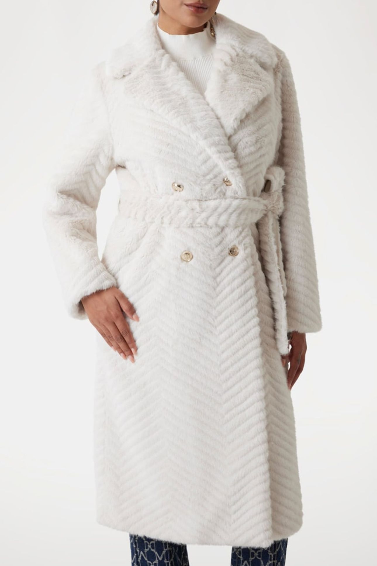MARCIANO BY GUESS CLAIRE LONG COAT FAUX FUR PALE PEARL MULTI 1