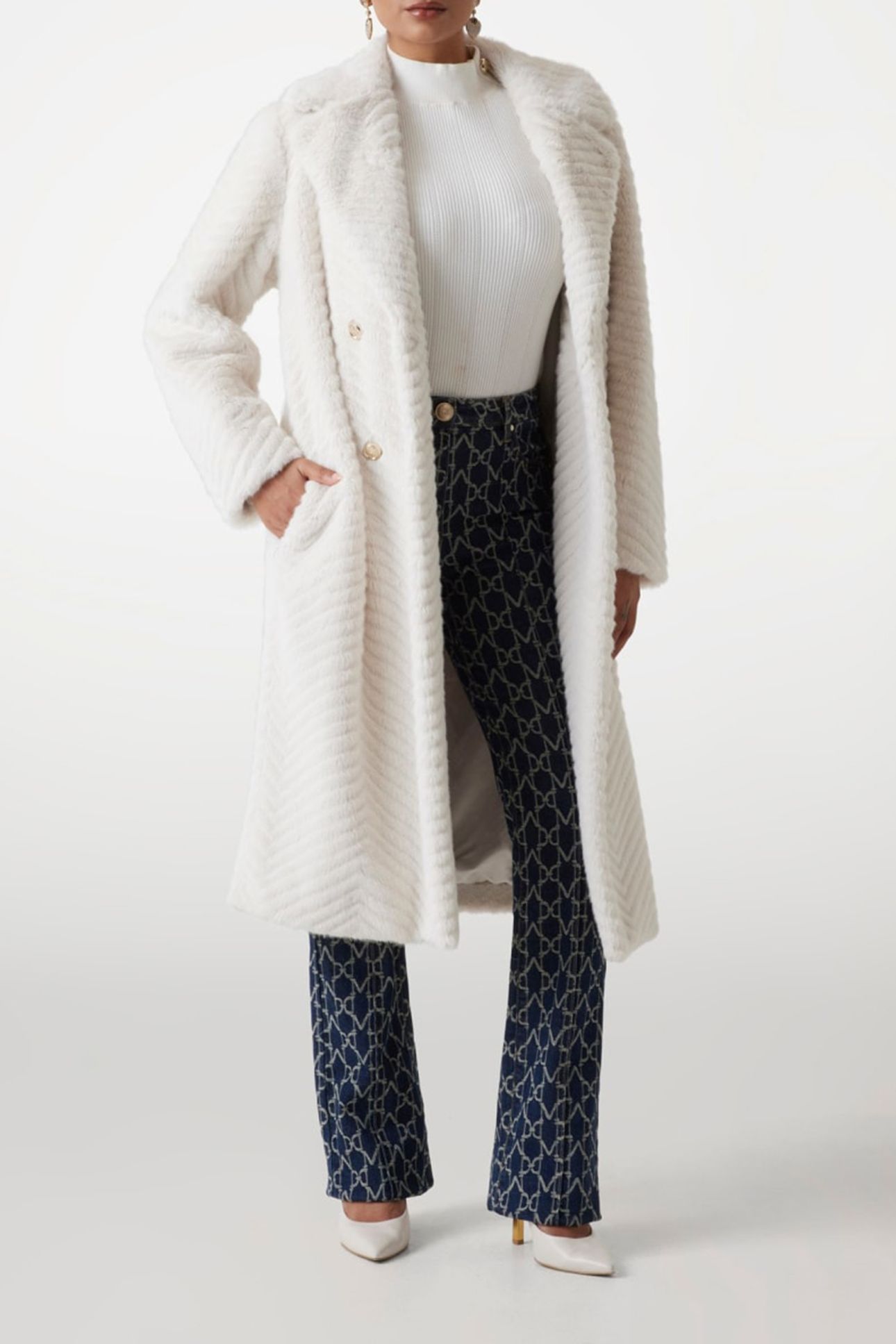 MARCIANO BY GUESS CLAIRE LONG COAT FAUX FUR PALE PEARL MULTI 2
