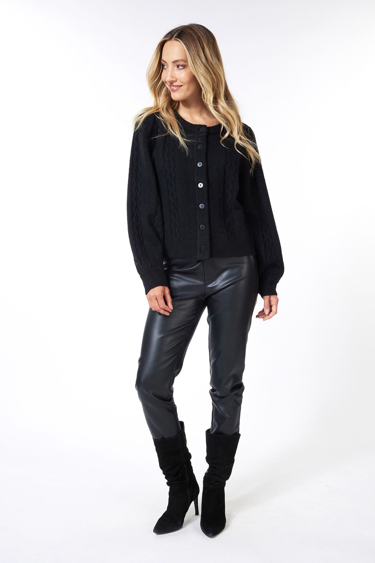 CARDIGAN PUFF SLVE CABLE & AJOUR BLACK 2
