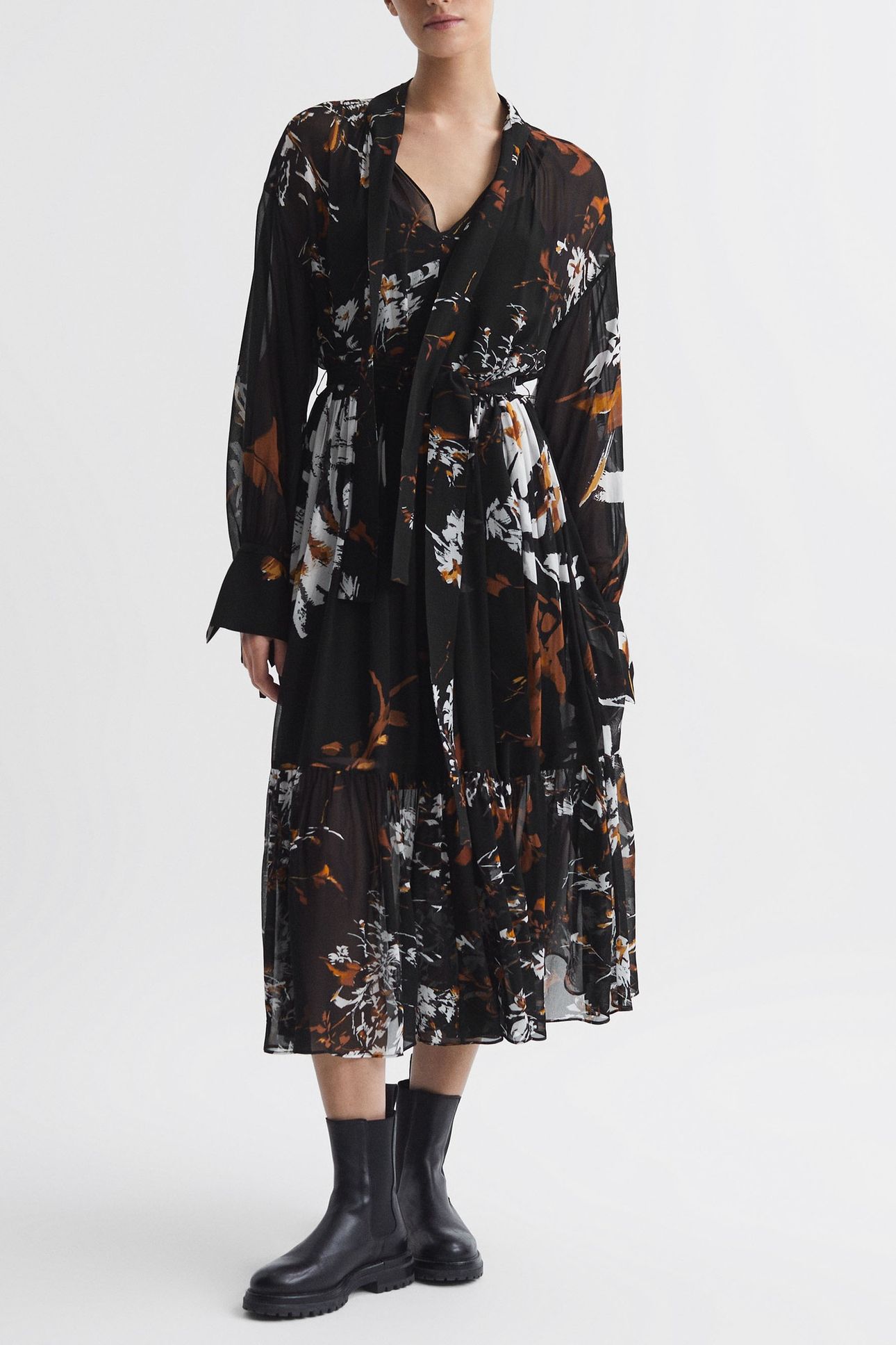 FLORAL PRINTED MIDI DRESS BLACK/BROWN 1