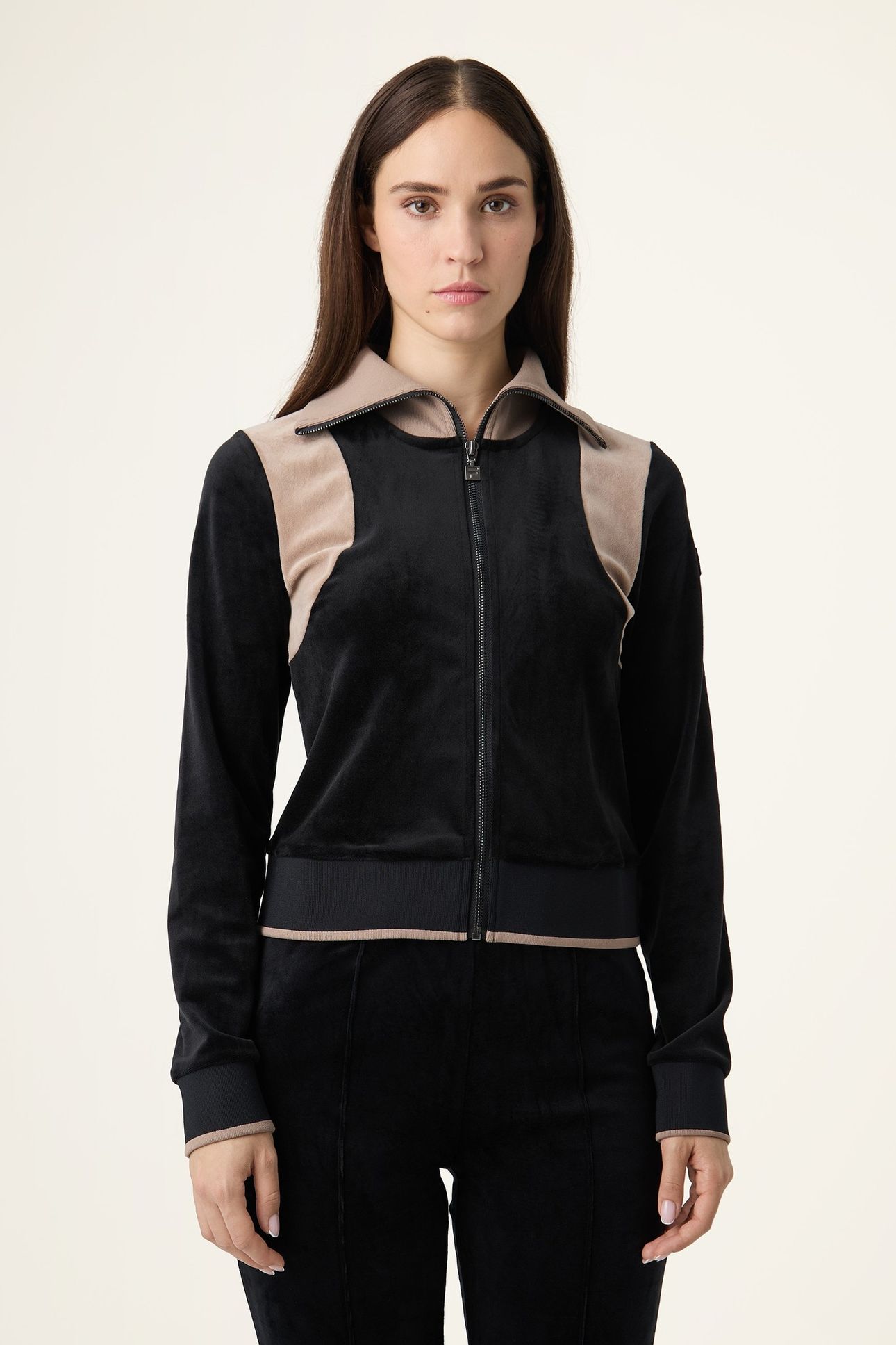 ADRIANO SLIM VELOUR TRACK JACKET BLACK-TAUPE GRAY 1