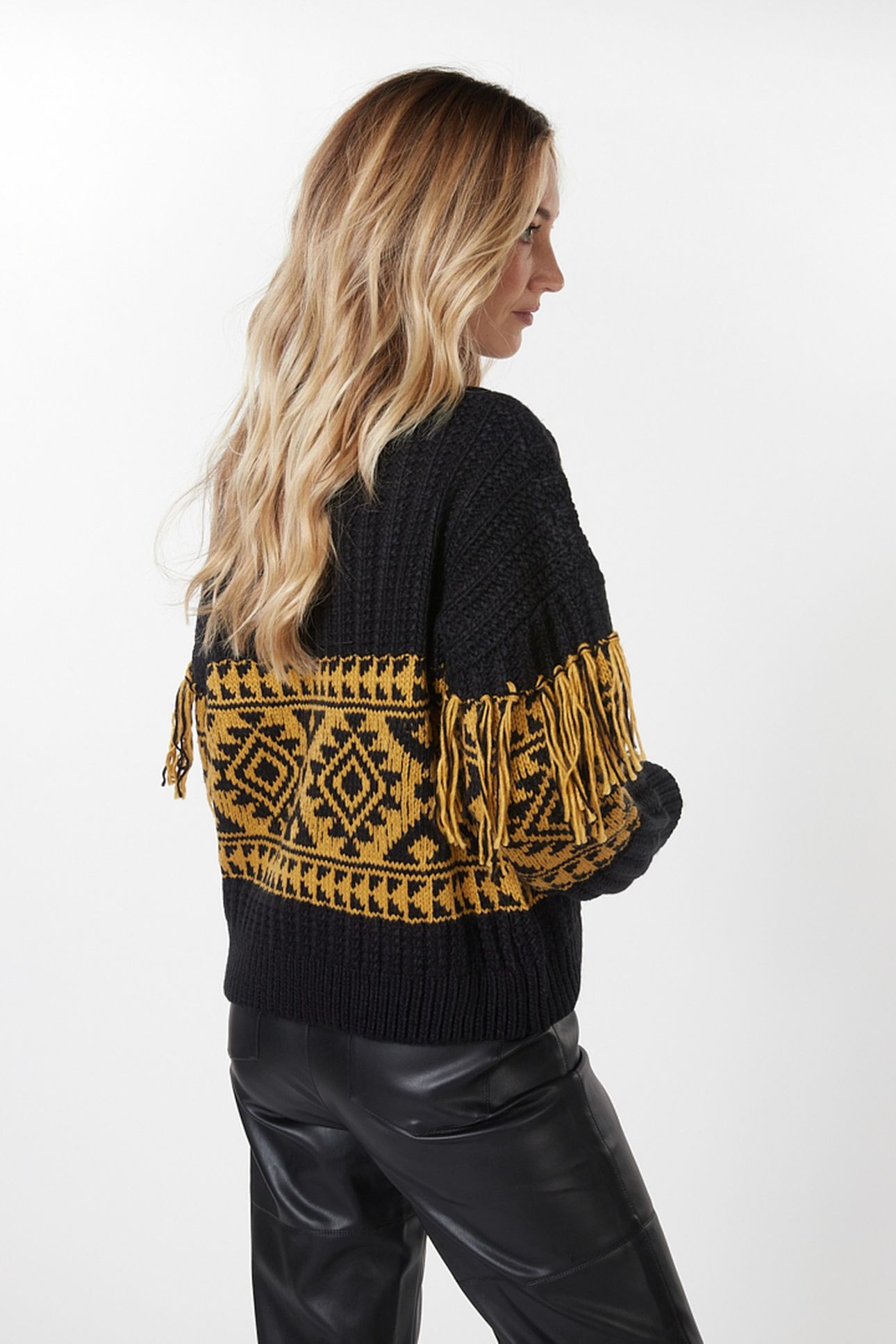 SWEATER JACQUARD FRINGES BLACK / OLIVE 5
