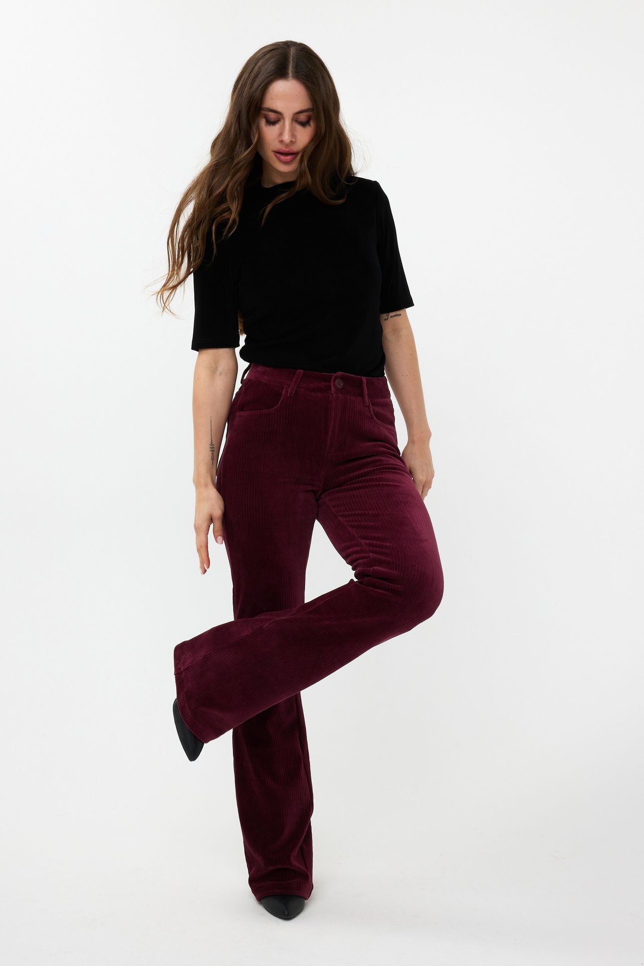 TROUSERS RIB FLAIR WINE RED 2