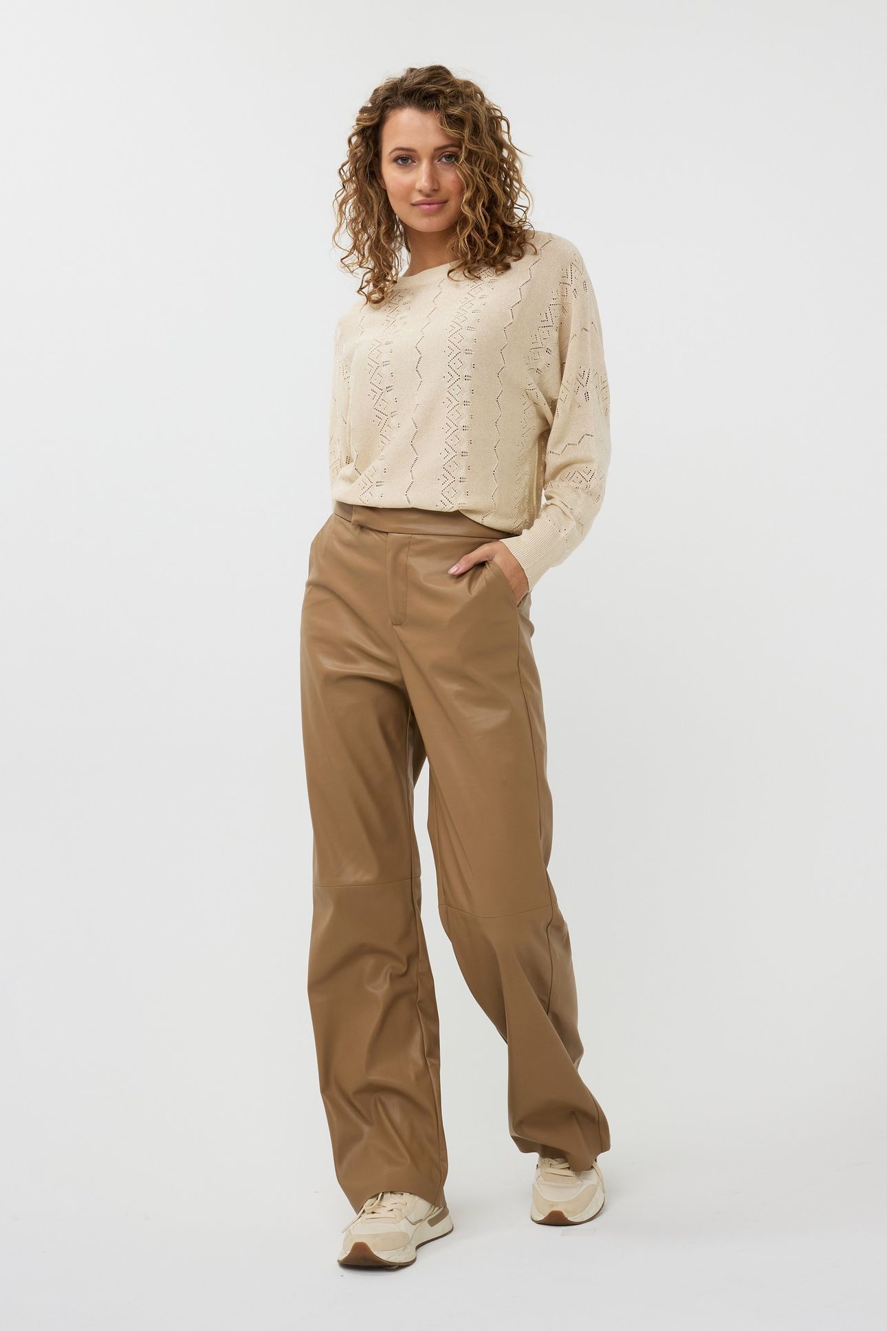 TROUSERS WIDE VEGAN LEATHER SAND 1