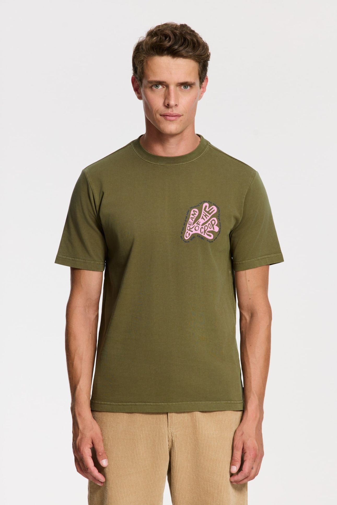 LIAM REGULAR FIT CORAL TEXT T-SHIRT GREEN OLIVE | Online Outlet