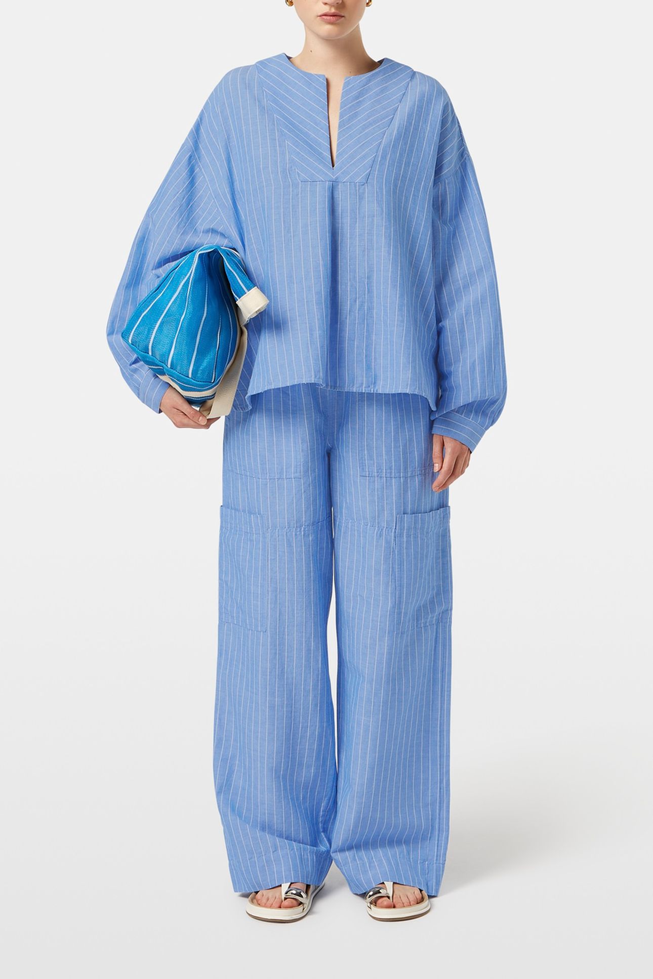 COTTON LINEN BIB SHIRT BLUE AND WHITE PIN STRIPE 1