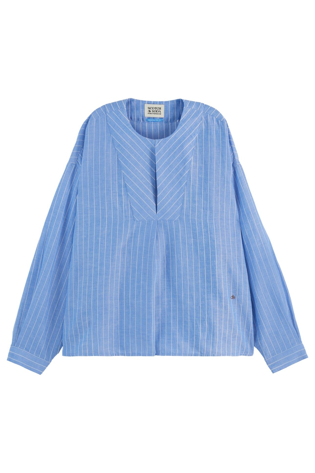 COTTON LINEN BIB SHIRT BLUE AND WHITE PIN STRIPE 4