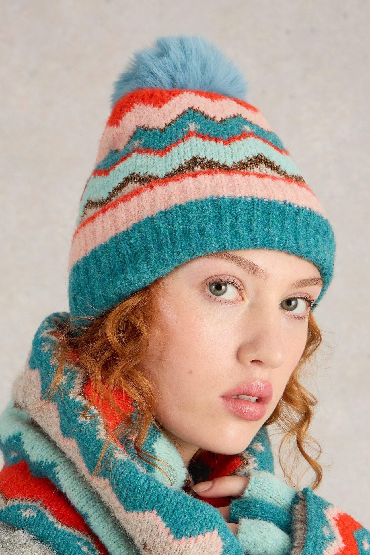 ZIG ZAG FAIRISLE BEANIE TEAL MULTI 1