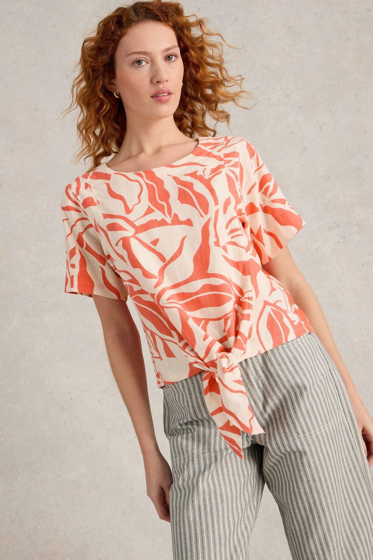 SARA TIE HEM TOP CORAL PRINT 1