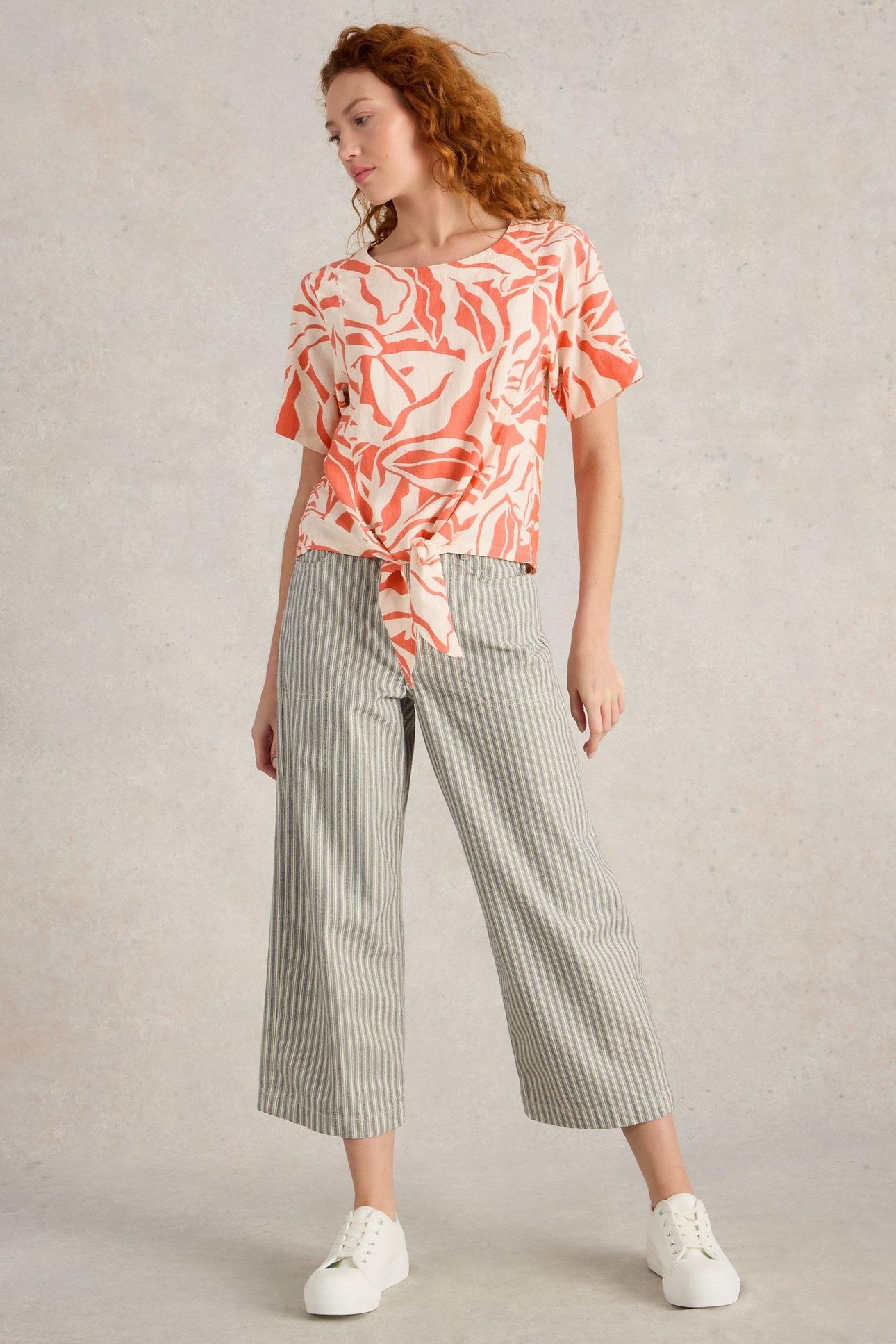 SARA TIE HEM TOP CORAL PRINT 2