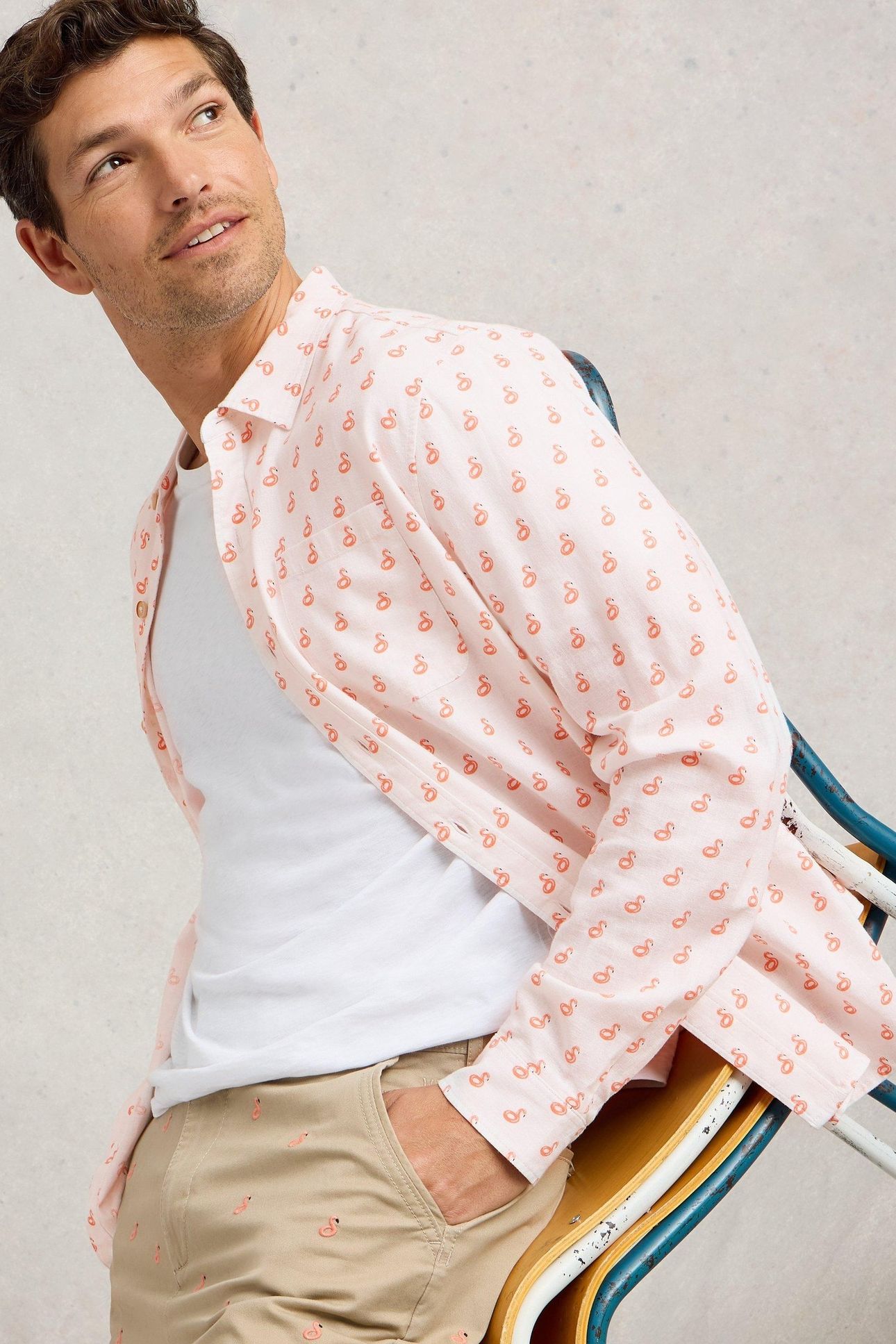 FLAMINGO PRINT LINEN SHIRT WHITE PRINT 6