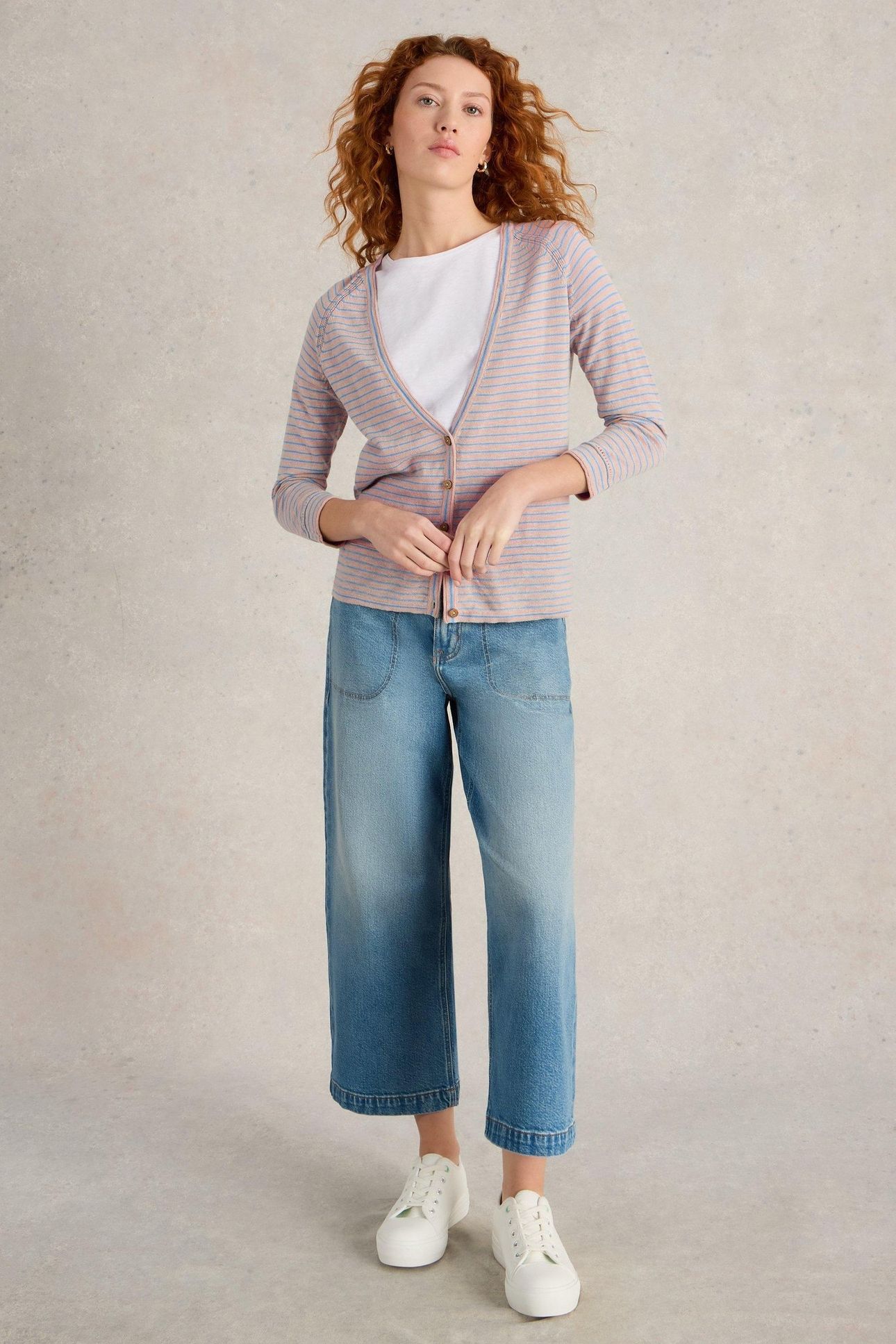 NARIA STRIPE LINEN BLEND CARDI NATURAL MULTI 2