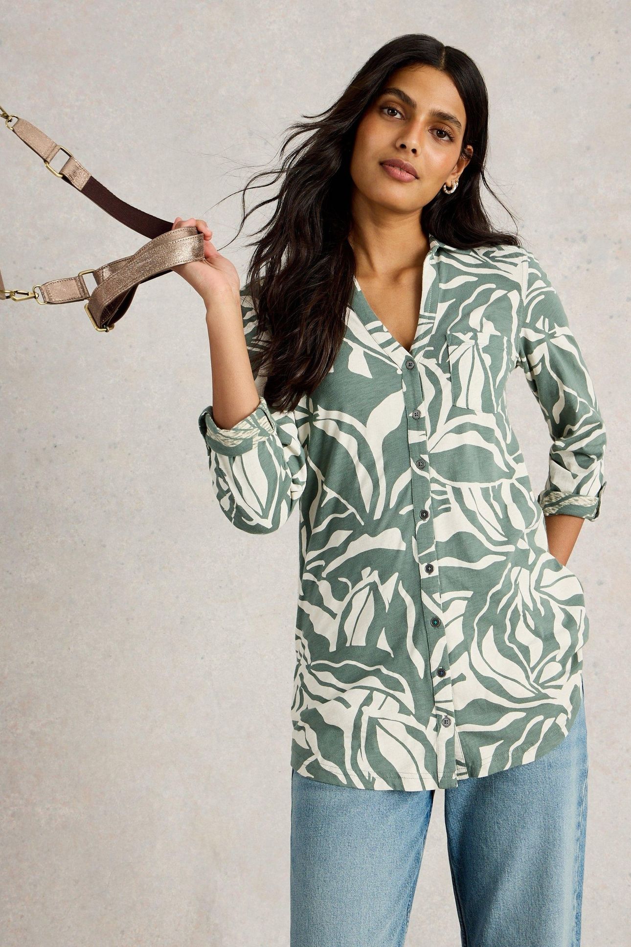 ANNIE LONGLINE SHIRT GREEN PRINT 1