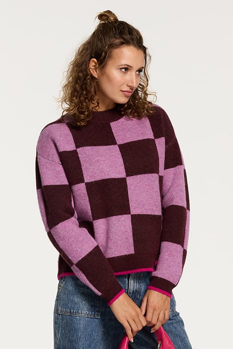 LADIES HELSINKI CHECK SWEATER WINE PURPLE 1