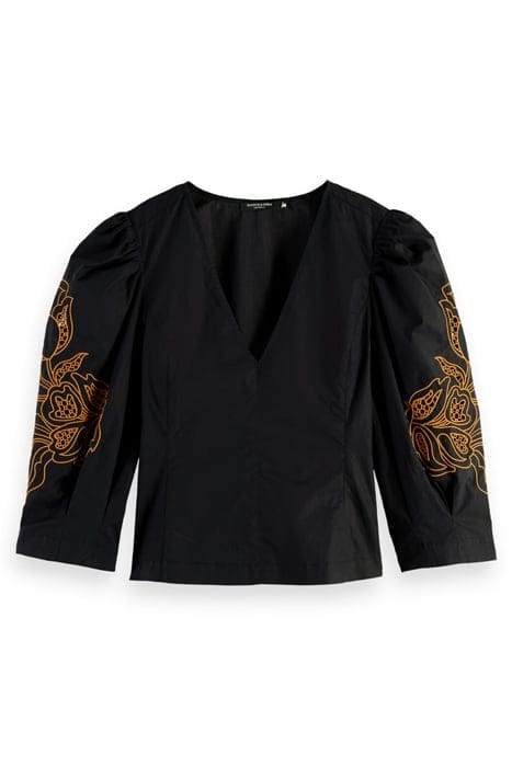 V-NECK FITTED TOP WITH BRODERIE VOLUME SLEEVE BLACK 1