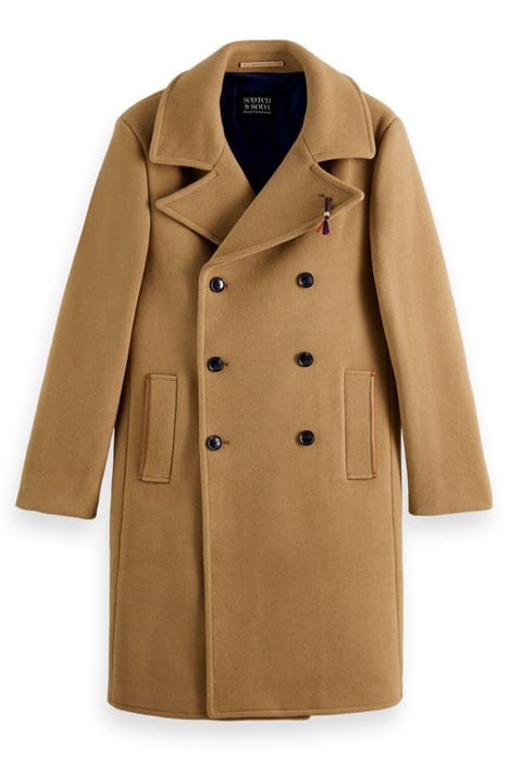 LEATHER TRIMMED DOUBLE-BREASTED WOOL-BLEND COAT SAND 1