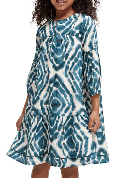 ALL-OVER PRINTED LADDER TAPE MIDI DRESS DISCO TIE DYE BOTTLE 1