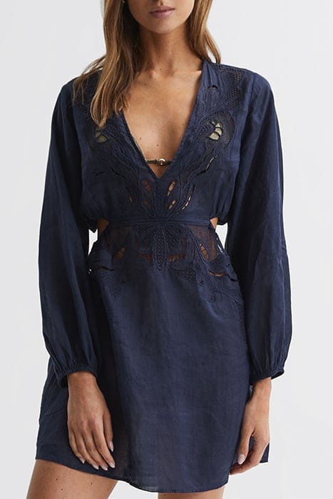 LELANI EMBROIDERED MINI DRESS — NAVY 1
