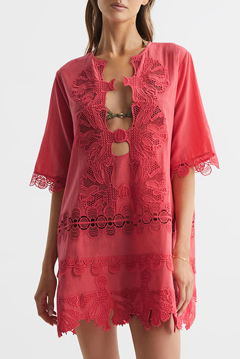ETTA EMBROIDERED MINI DRESS — CORAL 1