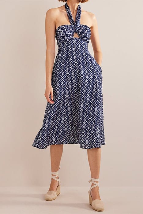 HALTERNECK CUT OUT MIDI DRESS PRUSSIAN BLUE, TRANQUIL GEO 1