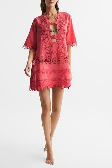 ETTA EMBROIDERED MINI DRESS — CORAL 3