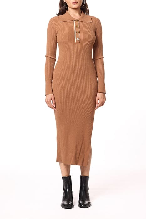 HENLEY MOCK NECK DRESS MEDIUM BROWN W/ IVORY CONTRAST 2