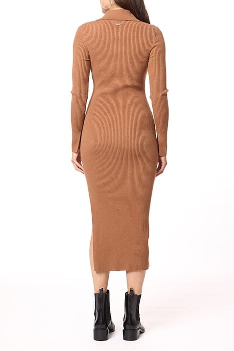 HENLEY MOCK NECK DRESS MEDIUM BROWN W/ IVORY CONTRAST 3