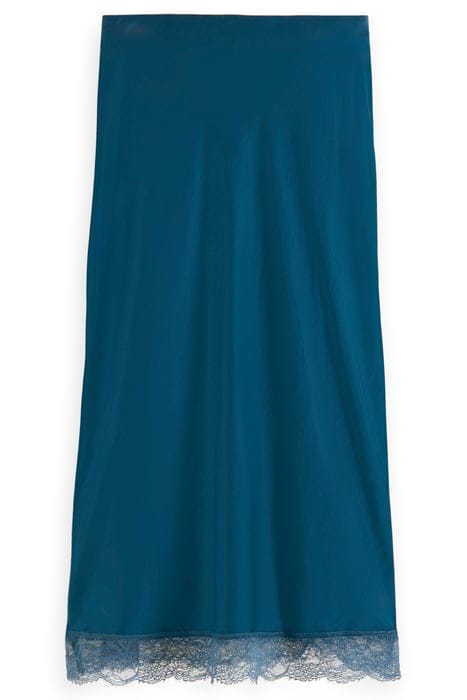 SATIN HIGH RISE MIDI SKIRT WITH LACE DETAIL DARK TEAL 5