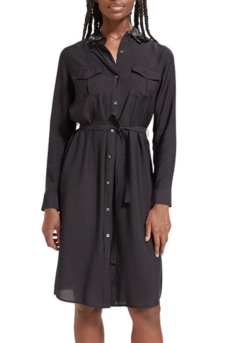 BEADED COLLAR MIDI SHIRT DRESS EVENING BLACK 1