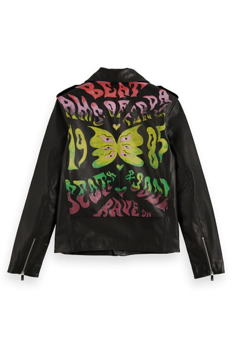PLACEMENT PRINT LEATHER BIKER JACKET BLACK 5