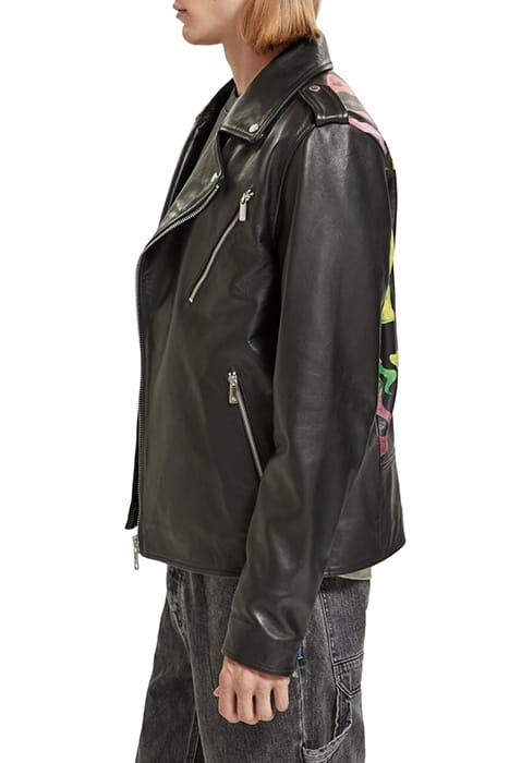 PLACEMENT PRINT LEATHER BIKER JACKET BLACK 7