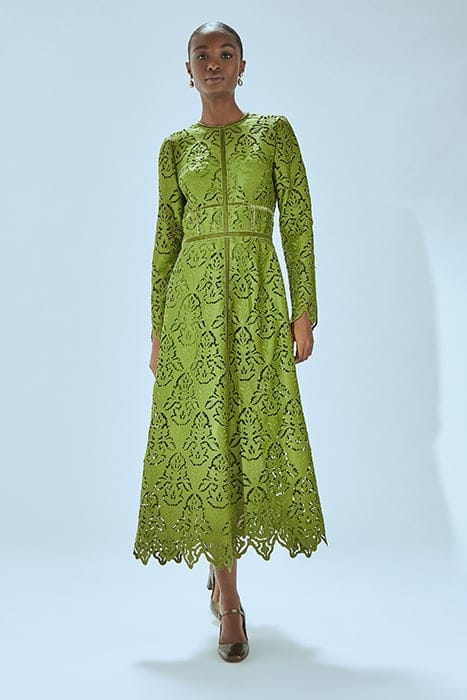 green summer dress womens Elegant Olive Green Evening Dress with Lace Sleeves LA72942