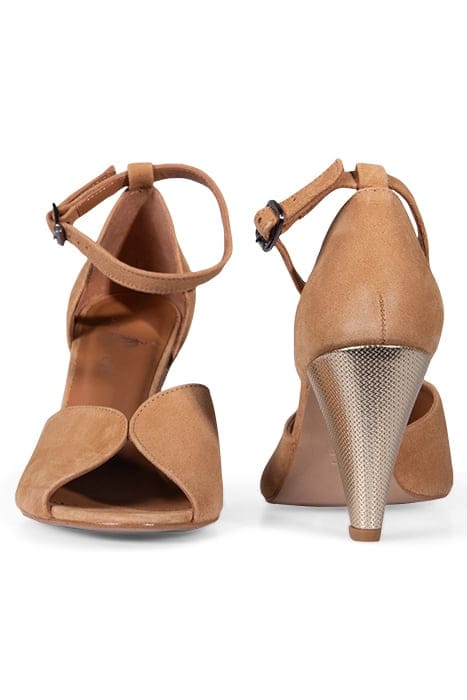 O.NOLA - CARAMEL LEATHER VELVET HEEL SANDALS 2