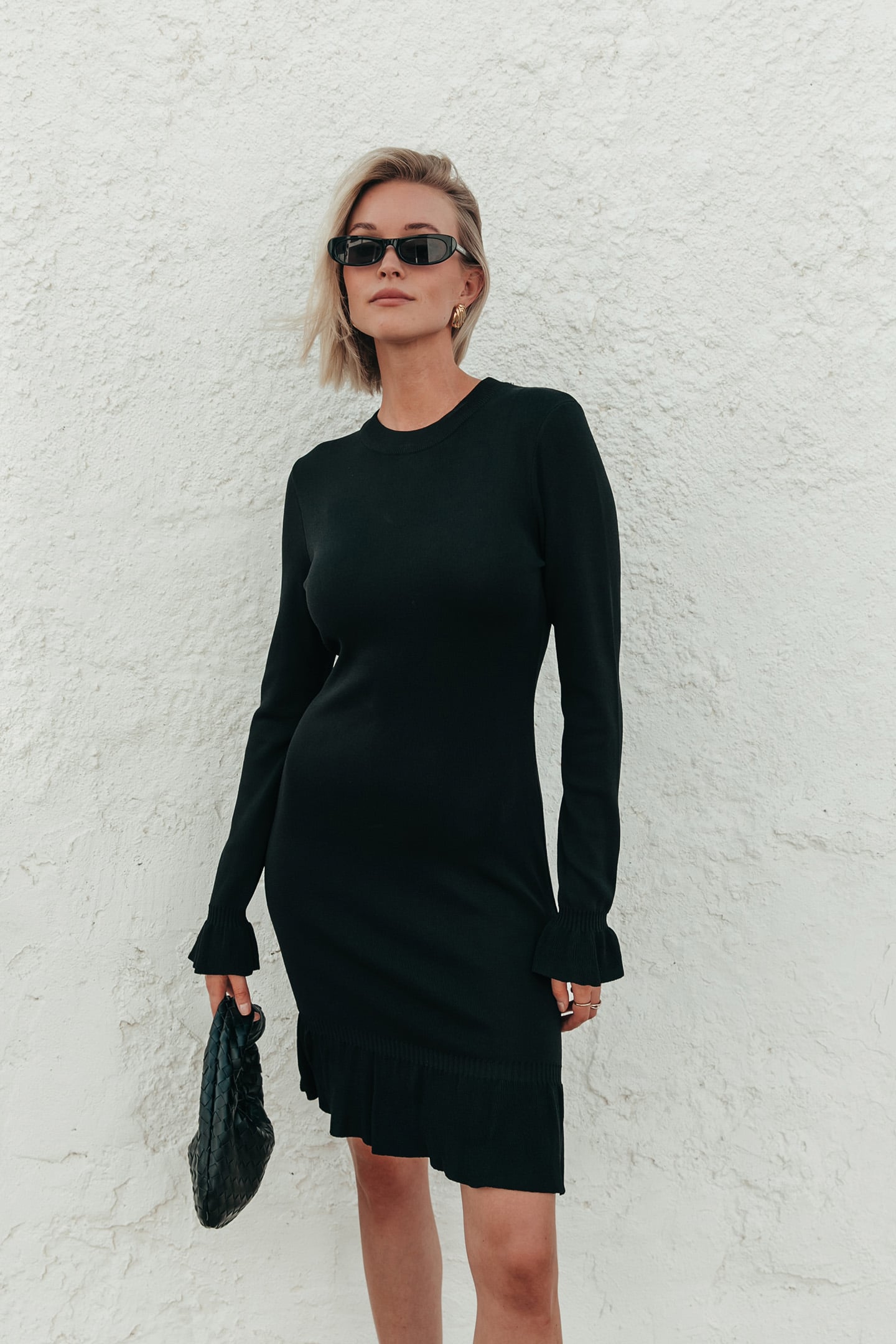 ROBIJN RUFFLE FINE KNIT DRESS LS BLACK 1