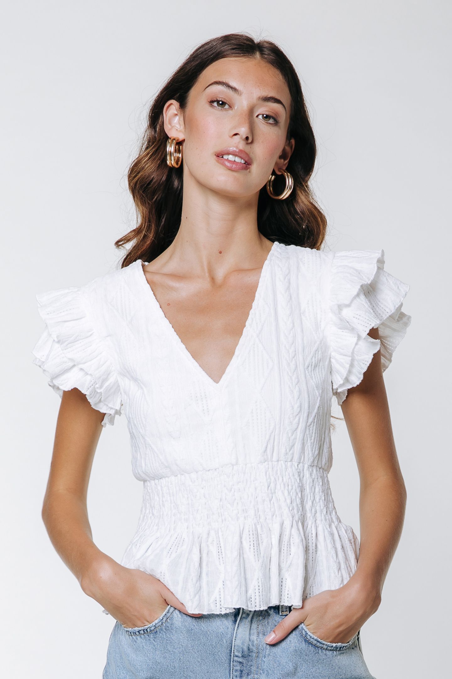 UNA BRODERIE RUFFLE SLEEVE TOP OFF WHITE 1