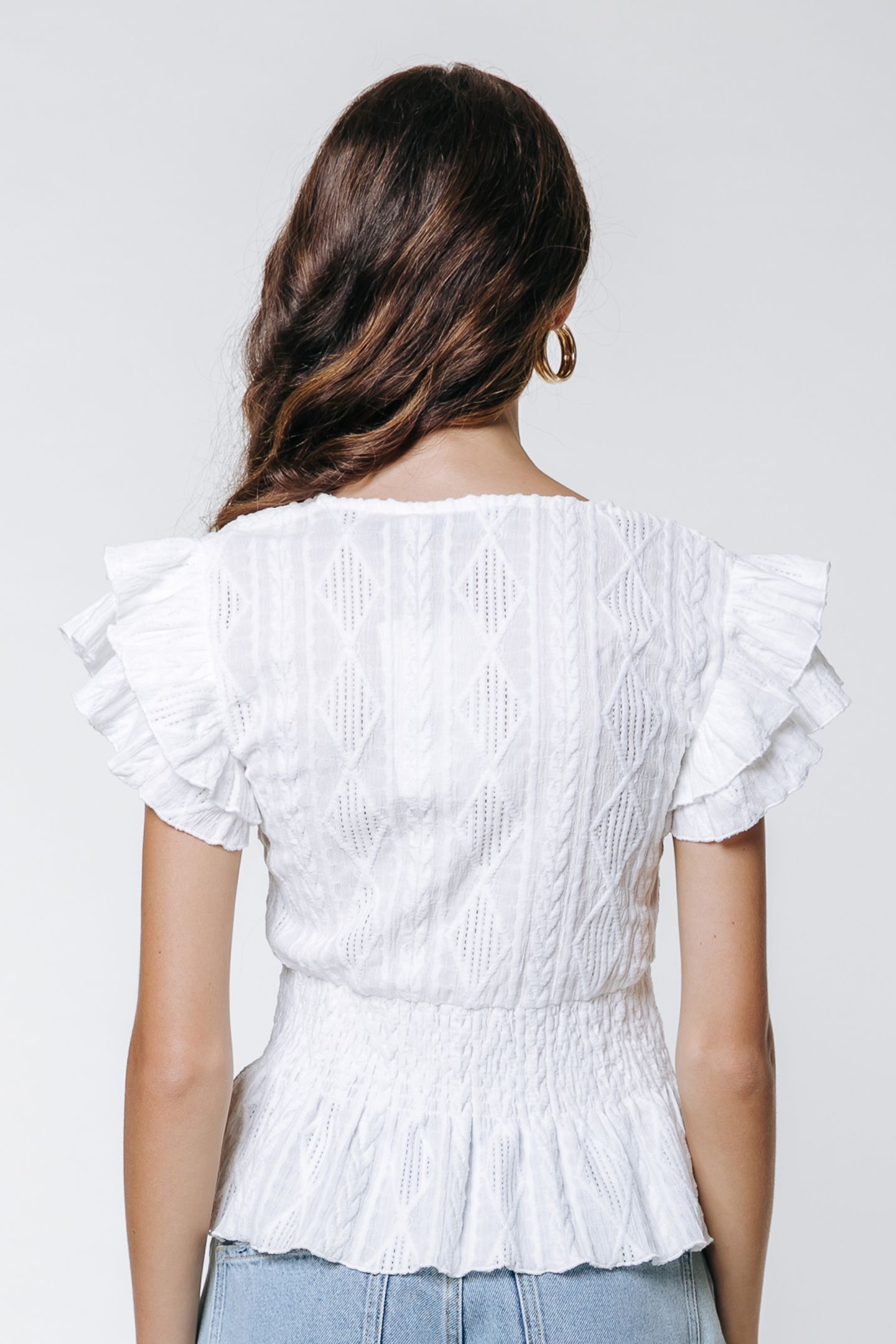 UNA BRODERIE RUFFLE SLEEVE TOP OFF WHITE 2