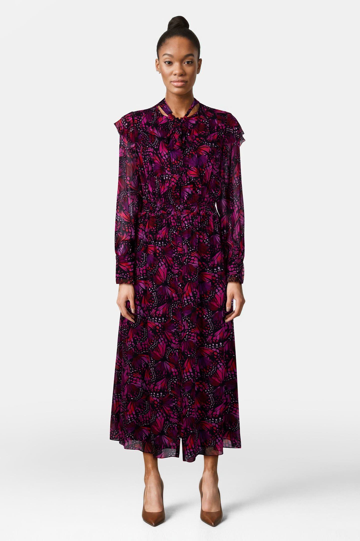 LONG BUTTONED DRESS WITH LAVALIERE COLLAR PINK 1