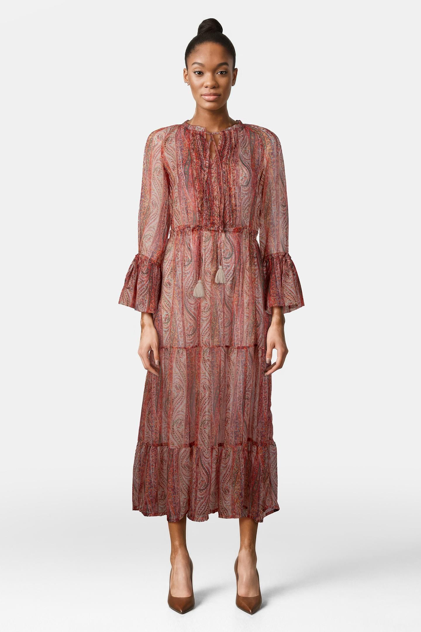 MALIKA SHEER L/S TIE NK MAXI ORANGE 1