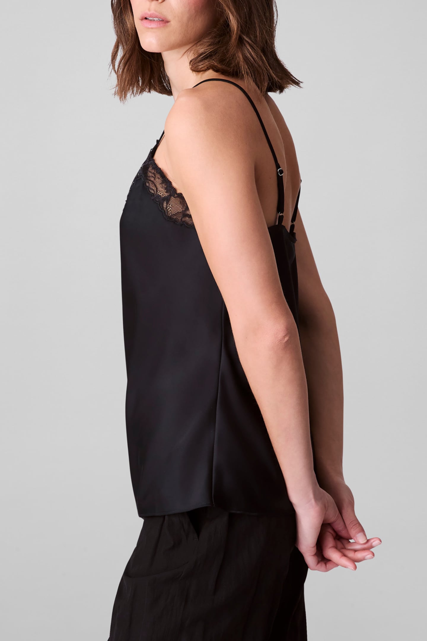 MATTE SATIN CAMI WITH LACE TRIM BLACK W/ BLACK LACE 4