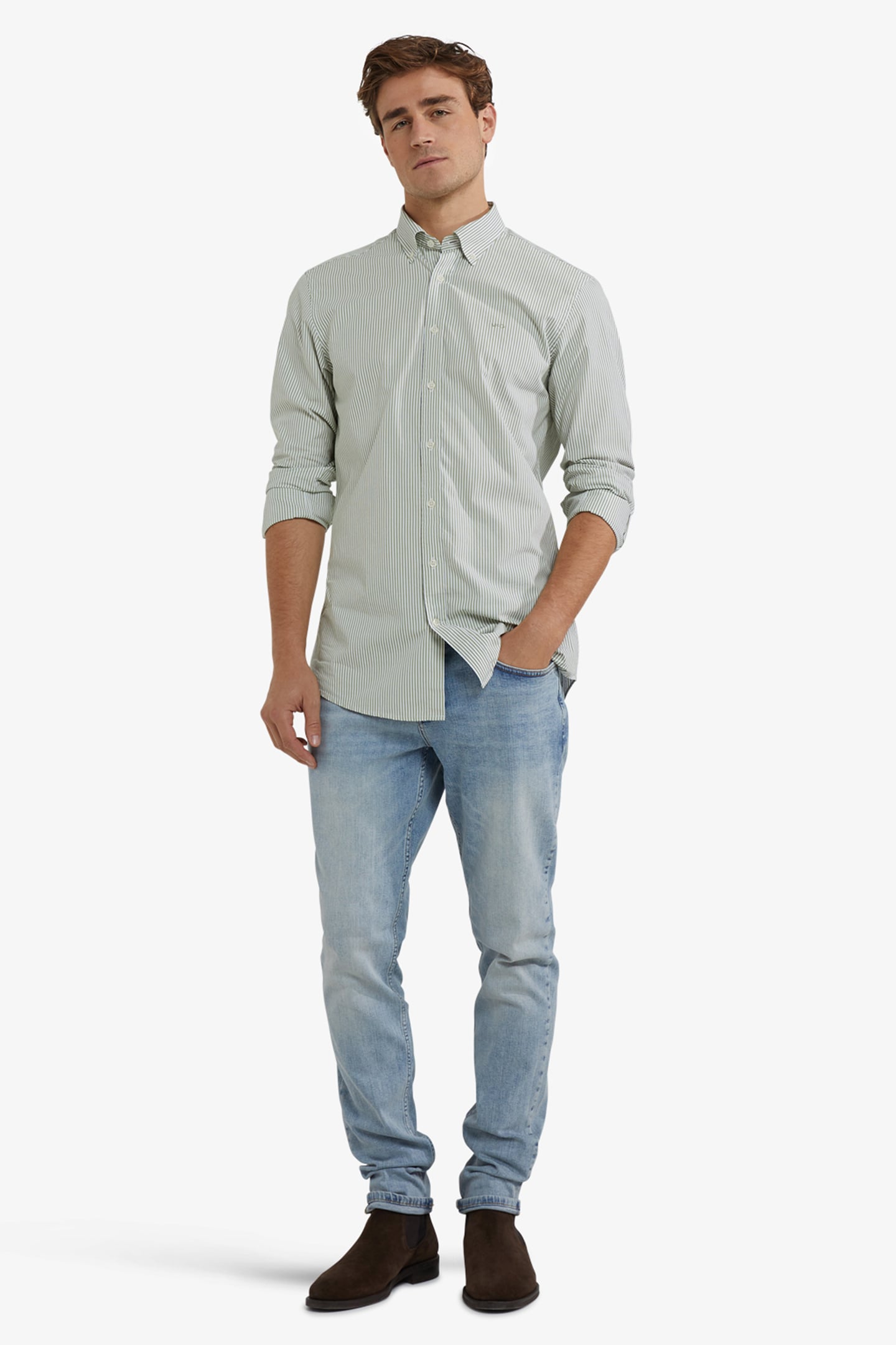 POPLIN STRIPE PEACHED SHIRT MOSS GREEN 2