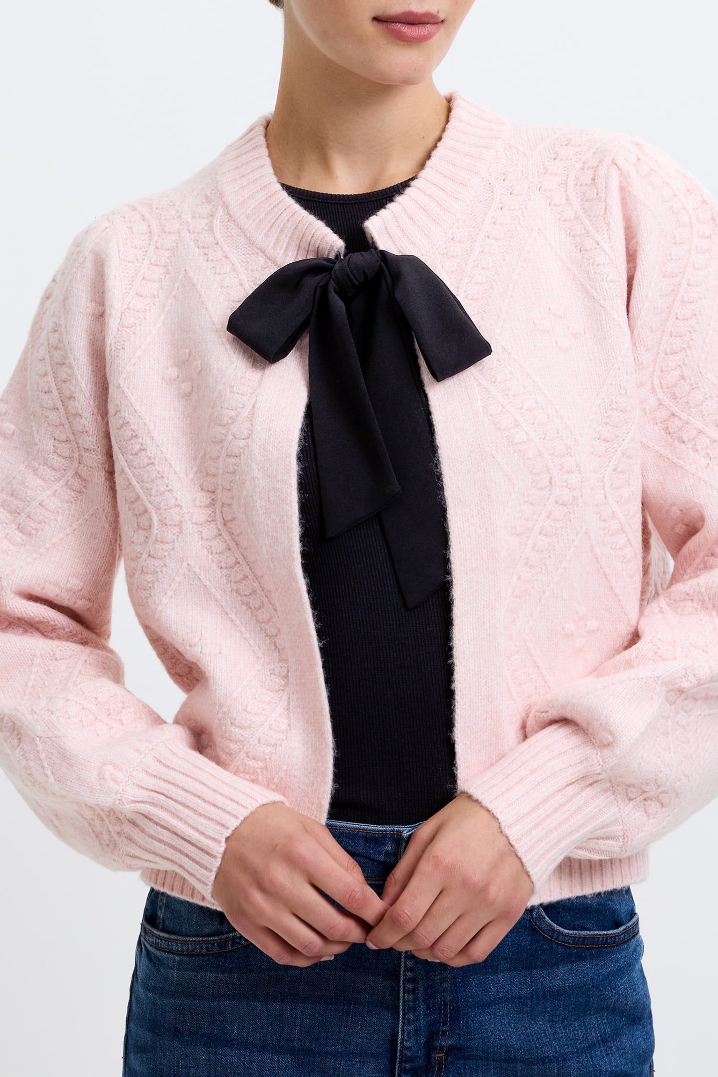 BOBBLE BOW CARDIGAN LOTUS PINK/BLACK BOW 3