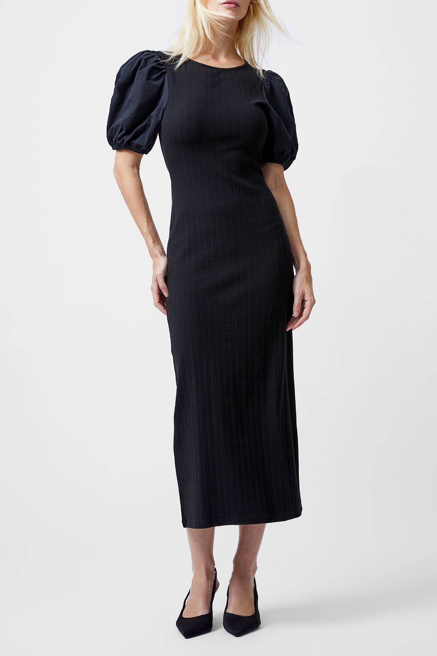 SASIA RIB PUFF SLV MIDI DRESSS BLACK 1