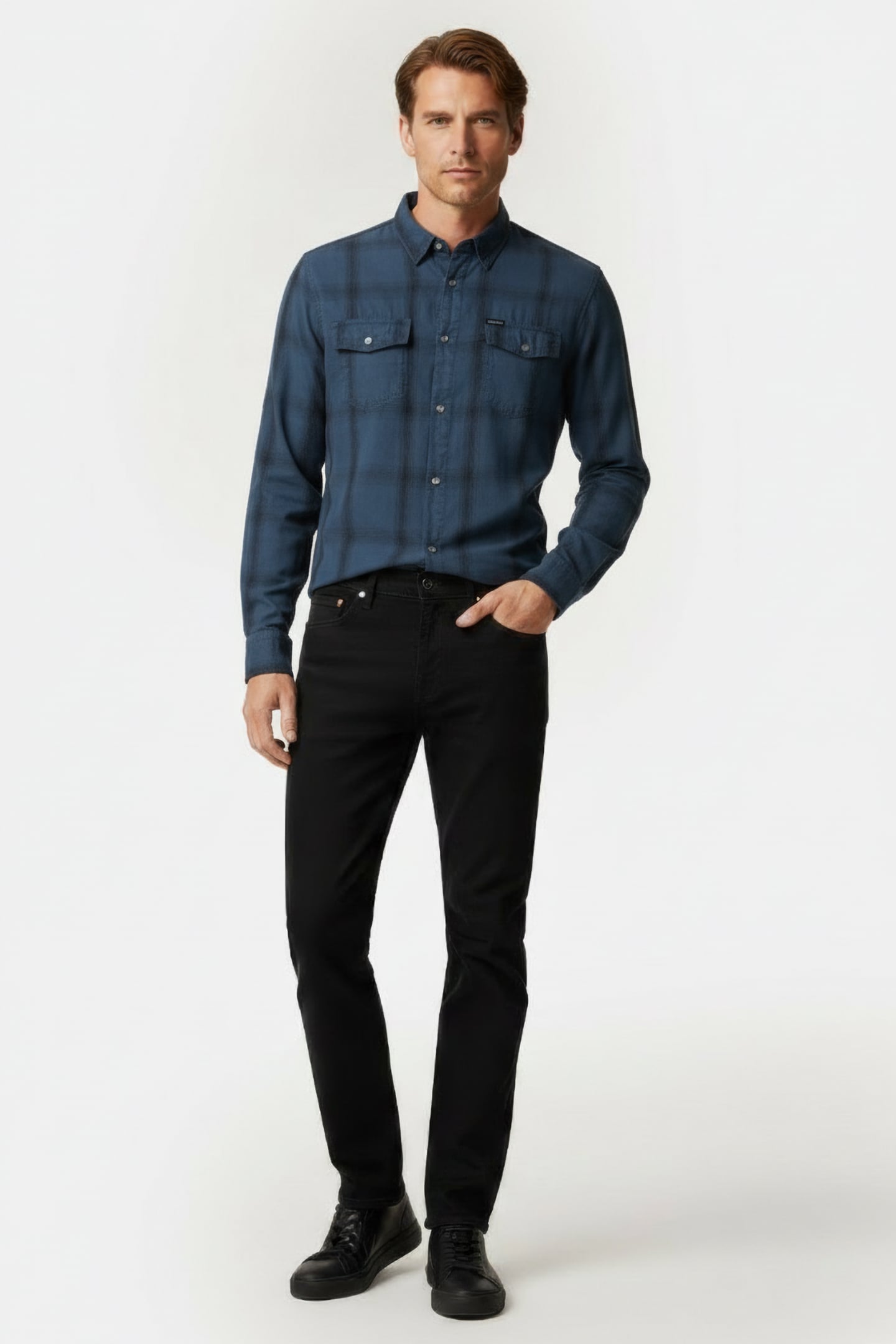 GUESS ECO LS SUNSET SHIRT NAVY FADED CHECK 1