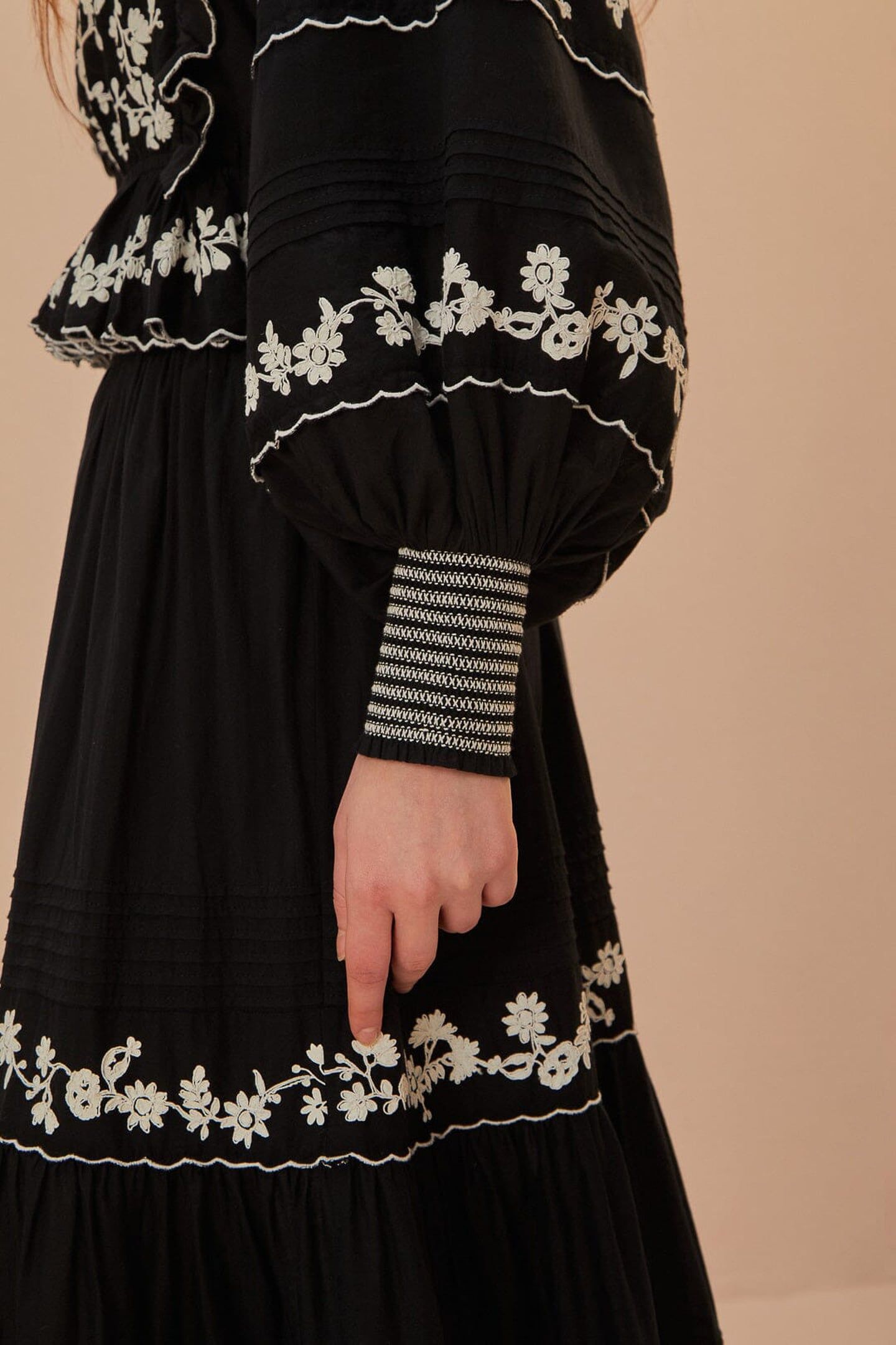 BLACK EMBROIDERED RUFFLE LONGE SLEEVE BLOUSE 2
